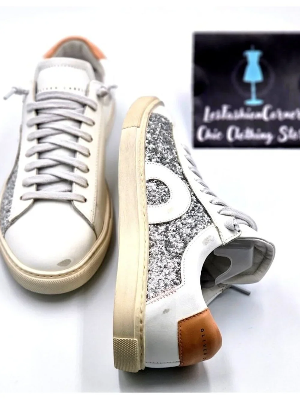 NWOB Oliver Cabell Women Low 1 LEEDS White Leather Sneakers Glitter  Sz 5.5 2254 - Picture 14 of 16